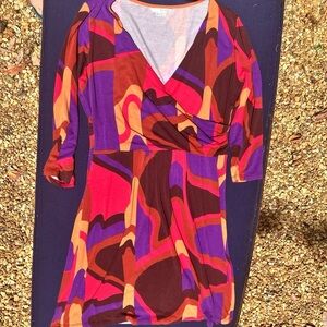 Boden Elena Knit fixed Wrap Long Sleeve V Neck Colorful Abstract Women's Dress M